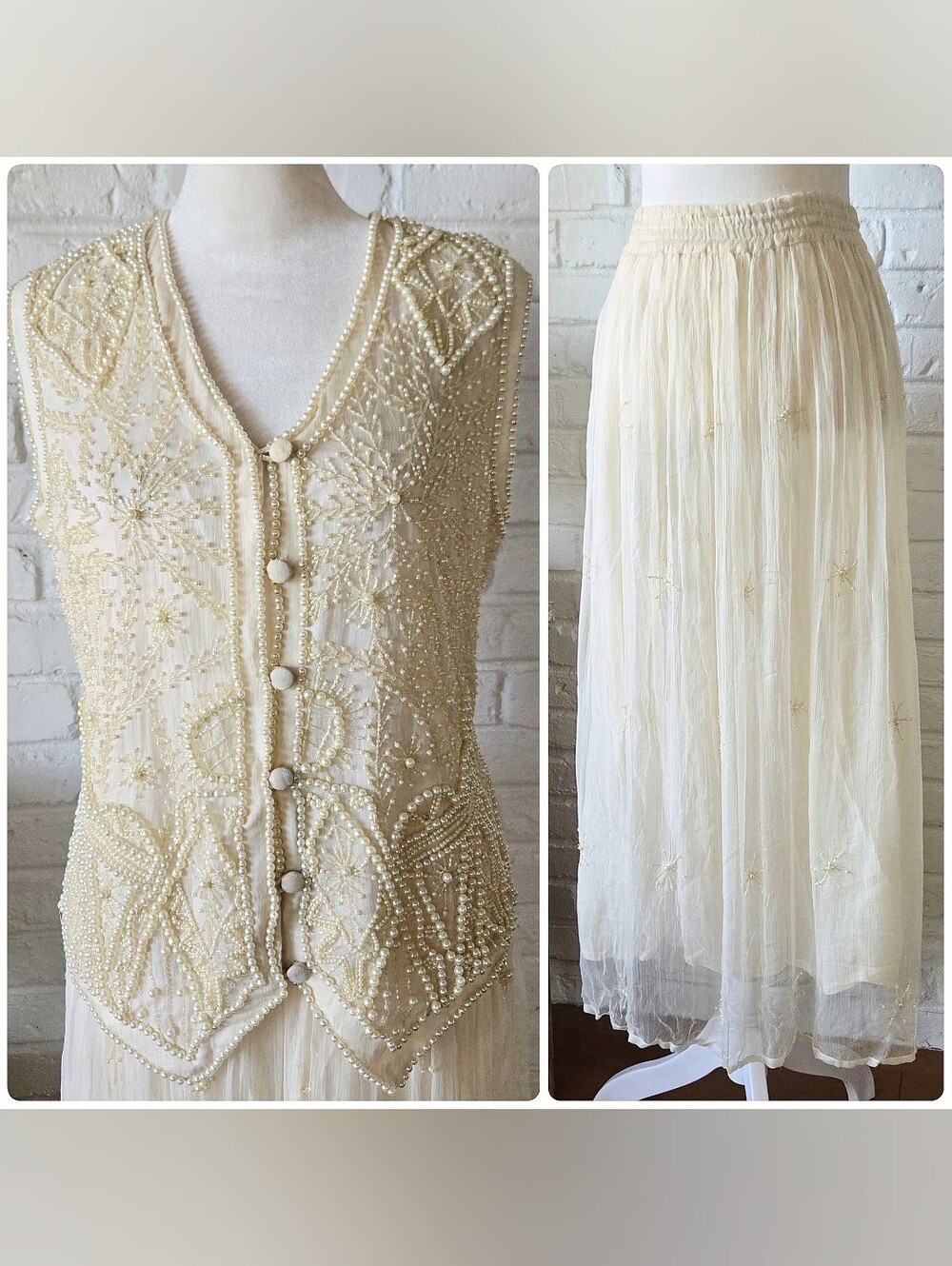Vtg 80s 90s Beaded Vest + Skirt Set, Party Bridal, Fairy Core